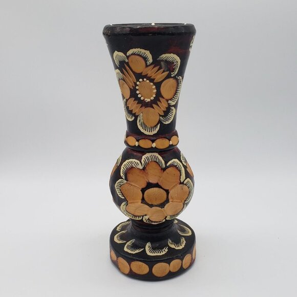 Romanian 2007 Hand Turned Hand Painted Floral Wooden Pedestal Vase - 8.75" - Picture 7 of 7
